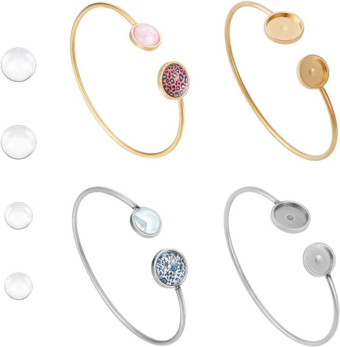 Inovra - Armbandset van 4 stuks met dubbele bezel, goudkleurig - Roestvrijstalen armbandketting - Sieraden maken - Lege armbandmanchetten