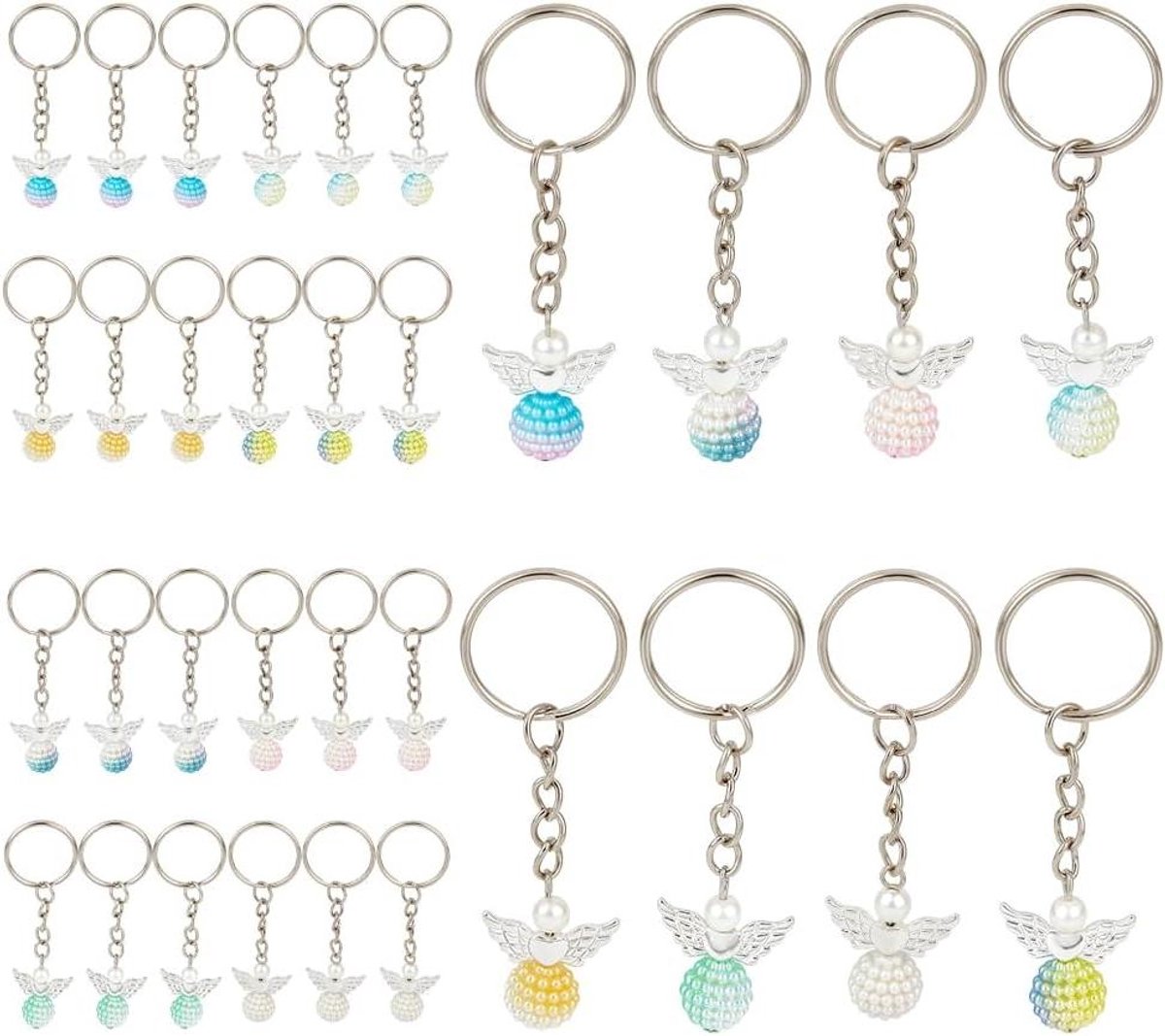   - Engel sleutelhanger set van 32 stuks in 8 kleuren - Kleurrijke acryl parels - Beschermfee hanger met zilveren vleugels - Sleutelringen met ijzeren ring hoepel