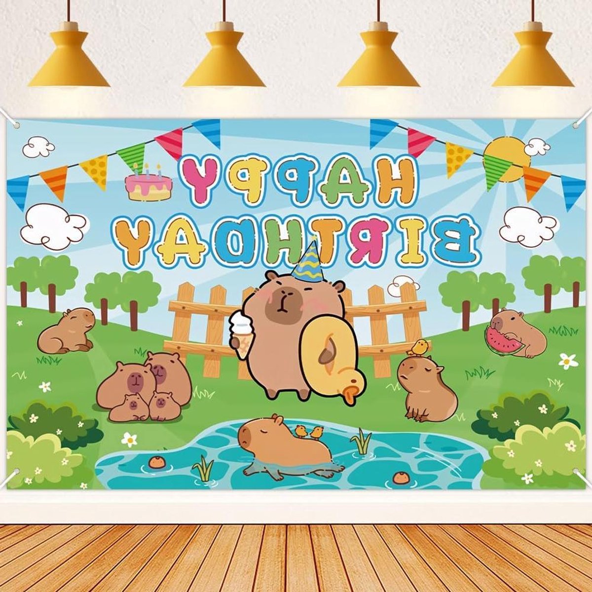   - Feestelijke Capybara Verjaardagsachtergrond 180 x 110 cm met Leuke Dierenthema Decoratie voor Fotocabine Studio - Kinderen Jongens Meisjes Feestbenodigdheden Indoor Outdoor Fotobanner