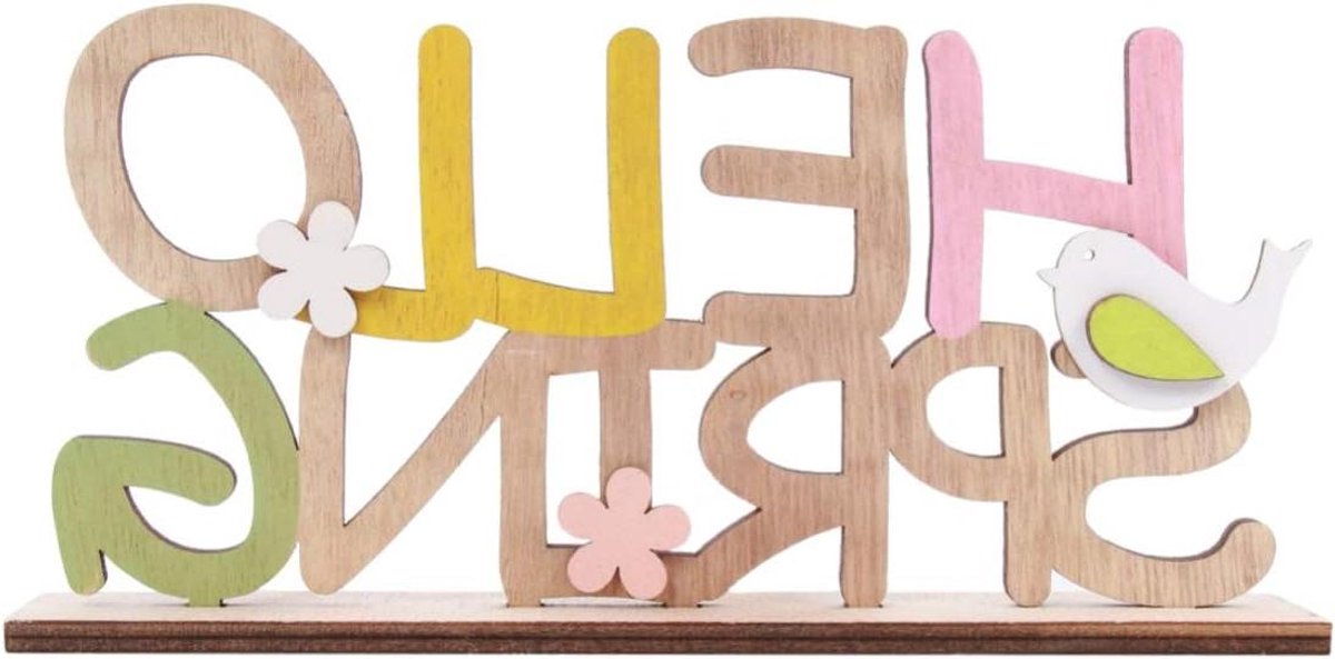   - Houten Pasen belettering Hello lente tafeldecoratie haas bloem - Decoratie staander object - Paas sieraad voor slaapkamer - Lente decoratie en paasdecoratie - Kinderfeest geschenk