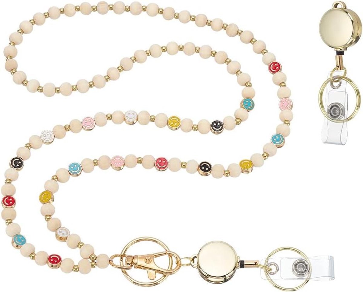   - Intrekbare kralenhanger voor lerarenkoord met gekleurde kralen en smilegezicht