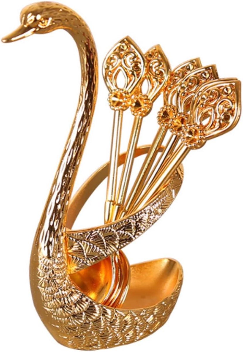 Inovra - Koffiedessertlepelset 6 Stuks Zinklegering Lepels in Zwanenvorm - Decoratieve Serviesset voor Desserts en IJs - Goudkleurig