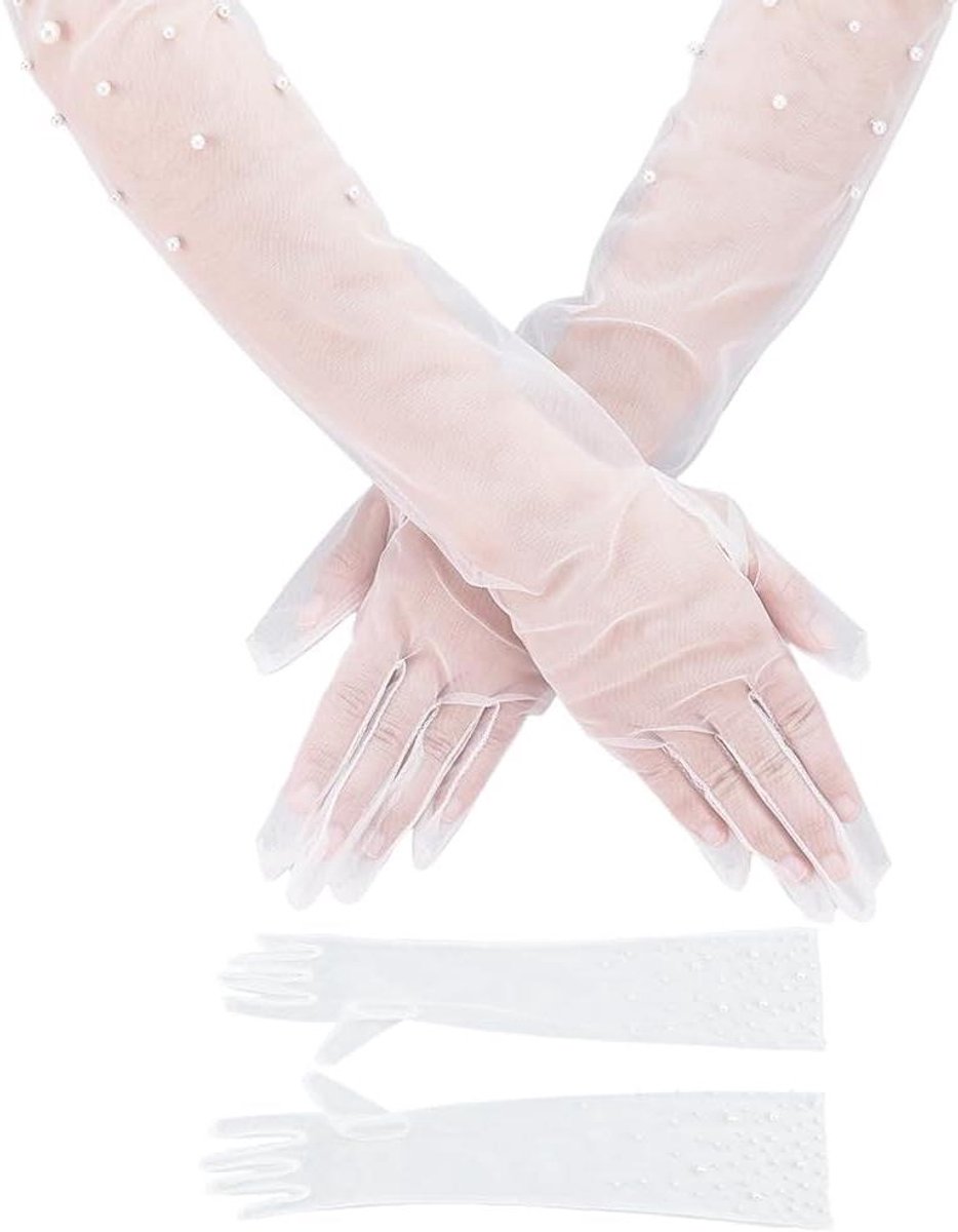   - Lange witte bruidshandschoenen met parels - Parel bruid accessoire voor bruiloft - Tule netmouwen - Feestelijk en elegant - Ellebooglengte