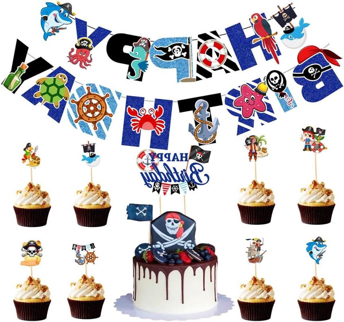   - Piratenfeestdecoratie set met Happy Birthday thema, inclusief piratenshark gelukkige verjaardag banner - voor kinderen en volwassenen.