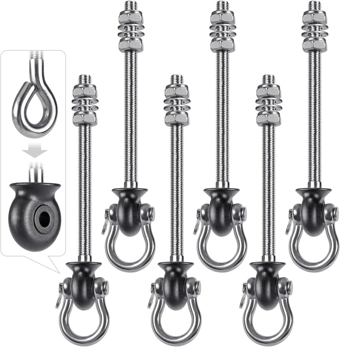   - Roestvrijstalen 6-delige Hangmat Hanger Set - 180° Draaibare Ophanghaken voor Binnen en Buiten - Max. 1500lbs