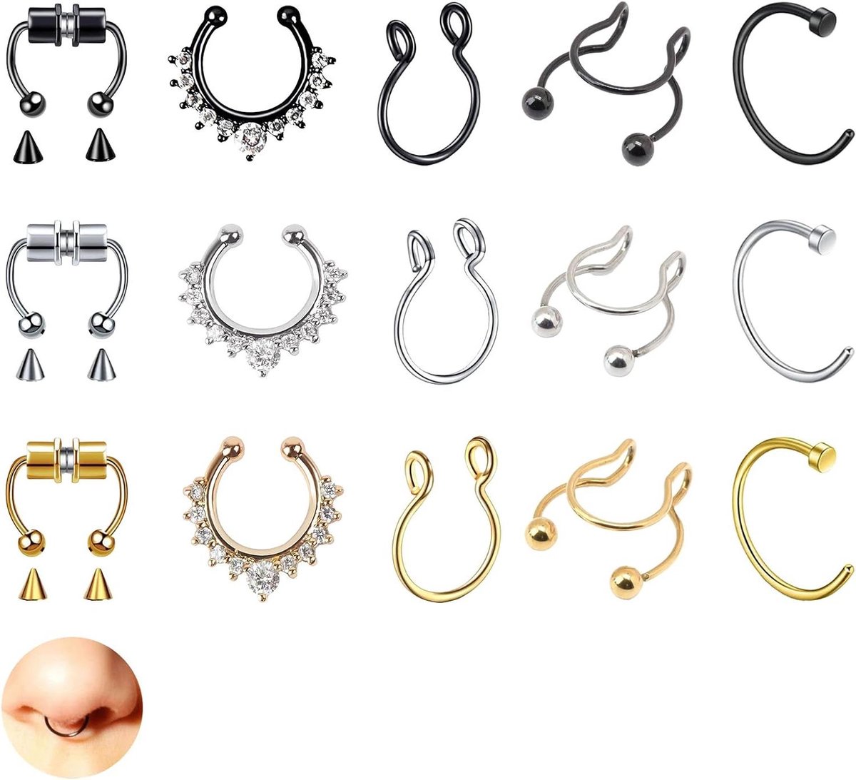  - Set van 15 magnetische neusringen van roestvrij staal - Clip-on nep-neusring - Dames sieraden - Zwart, goud, staalkleur