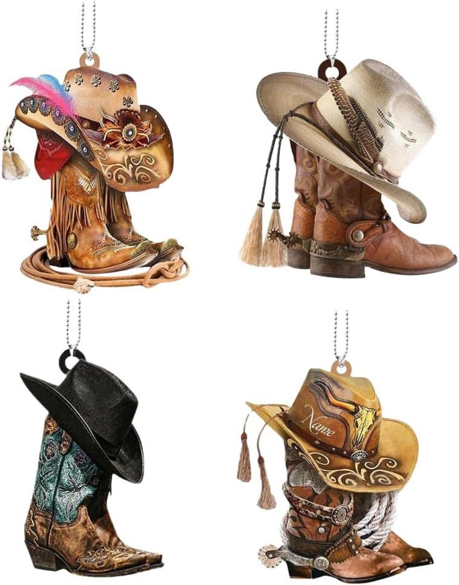   Plus - Hangende Autoaccessoires met Cowboy en Cowgirl Hoed - Sleutelhanger Decoratie voor Mannen en Vrouwen - 4 Stuks - Auto Decoratie Cadeaus
