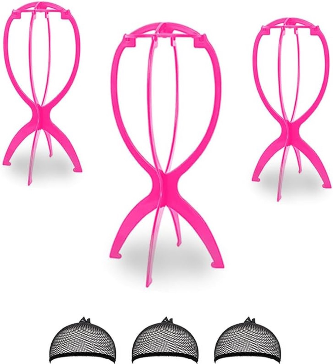   ® Pakket van 3 pruikenhouders, pruikenstandaardset, opvouwbare pruikenhouder, draagbare pruikenhouder, plastic pruikenhouder voor het opbergen van pruiken, hoeden en sjaals (roze)