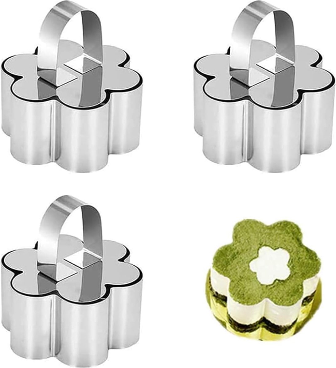 Inovra ® Set van 3 dessertringen en voedselringen, 8 cm serveerringen, roestvrij staal, voedselringen, taartring van hoge kwaliteit, stamper- en moussesjablonen voor koken en bakken (bloesemvorm)