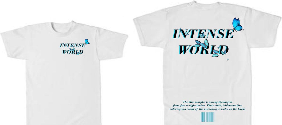 (INTENSE-WORLD) Witte-T-Shirt Blauwe-Vlinder-Design