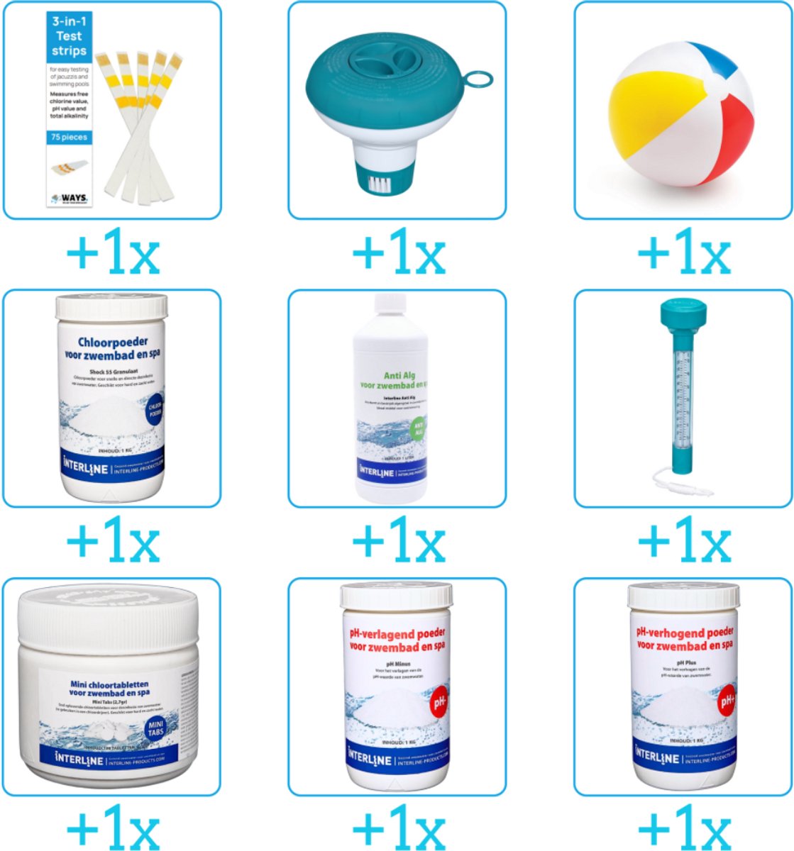 Alles-in-1 Zwembad Onderhoudspakket - bevat Chloor - PH-min - PH-plus - Chloor - Anti Alg - Thermometer - Testrips - Chloordrijver en Strandbal (9-delig)