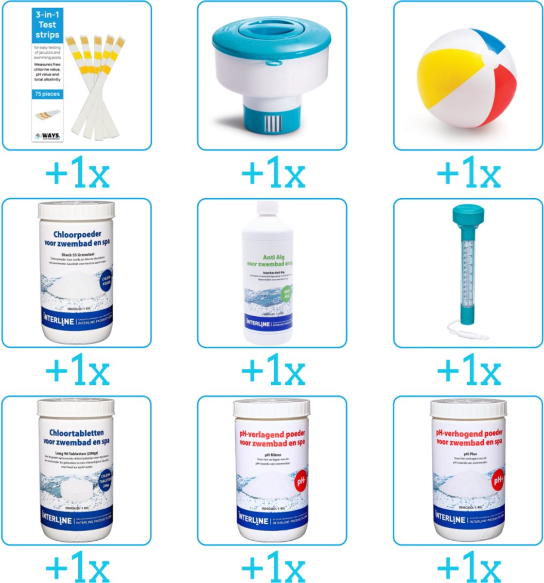 Alles-in-1 Zwembad Onderhoudspakket - bevat Chloor - PH-min - PH-plus - Chloor - Anti Alg - Thermometer - Testrips - Chloordrijver en Strandbal (9-delig)