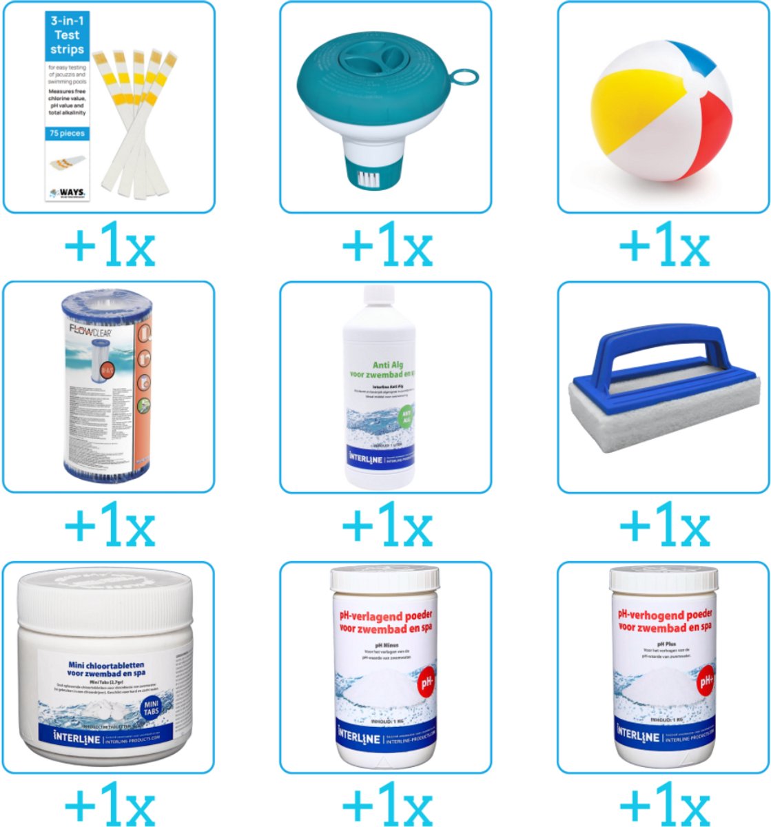Alles-in-1 Zwembad Onderhoudspakket - bevat Chloor - PH-min - PH-plus - Filter - Anti Alg - Scrubborstel - Testrips - Chloordrijver en Strandbal (9-delig)