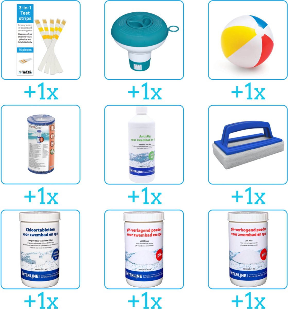 Alles-in-1 Zwembad Onderhoudspakket - bevat Chloor - PH-min - PH-plus - Filter - Anti Alg - Scrubborstel - Testrips - Chloordrijver en Strandbal (9-delig)