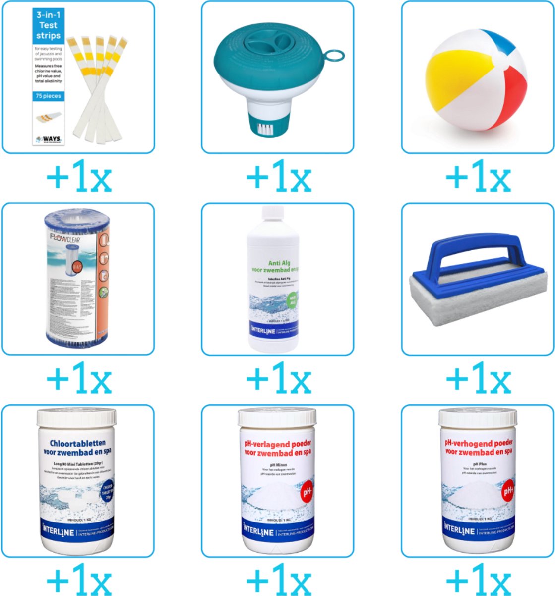 Alles-in-1 Zwembad Onderhoudspakket - bevat Chloor - PH-min - PH-plus - Filter - Anti Alg - Scrubborstel - Testrips - Chloordrijver en Strandbal (9-delig)