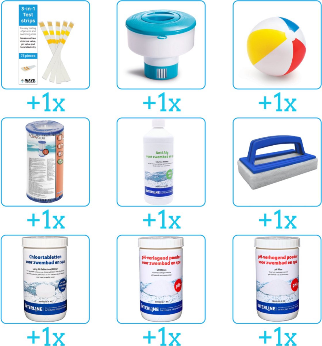 Alles-in-1 Zwembad Onderhoudspakket - bevat Chloor - PH-min - PH-plus - Filter - Anti Alg - Scrubborstel - Testrips - Chloordrijver en Strandbal (9-delig)