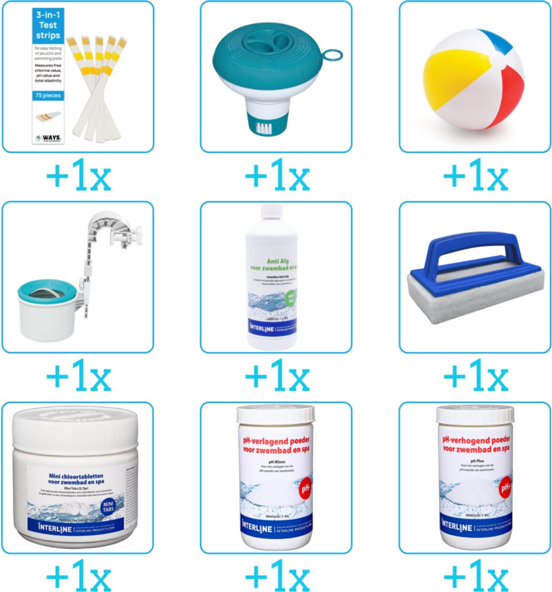 Alles-in-1 Zwembad Onderhoudspakket - bevat Chloor - PH-min - PH-plus - Skimmer - Anti Alg - Scrubborstel - Testrips - Chloordrijver en Strandbal (9-delig)