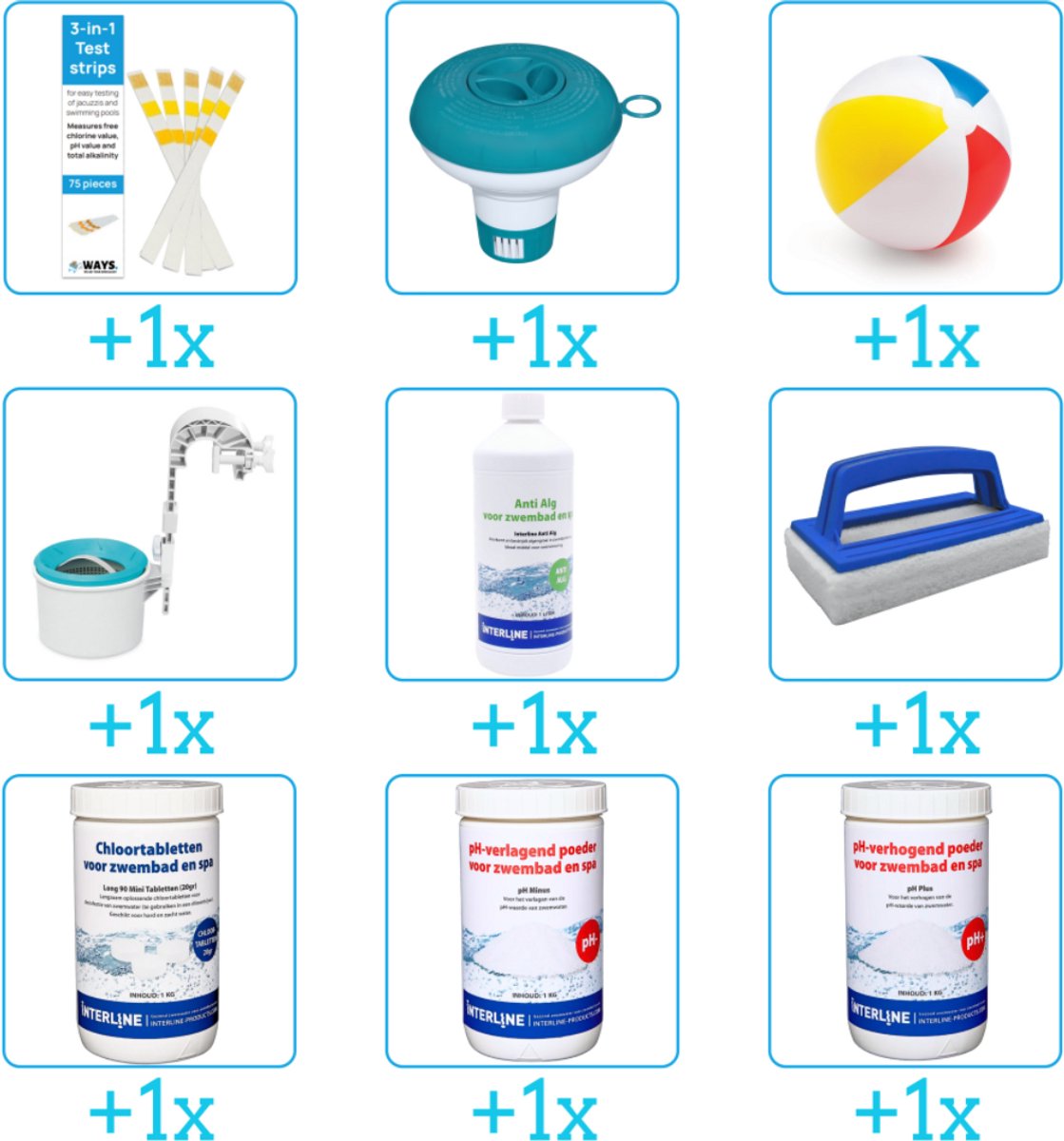 Alles-in-1 Zwembad Onderhoudspakket - bevat Chloor - PH-min - PH-plus - Skimmer - Anti Alg - Scrubborstel - Testrips - Chloordrijver en Strandbal (9-delig)