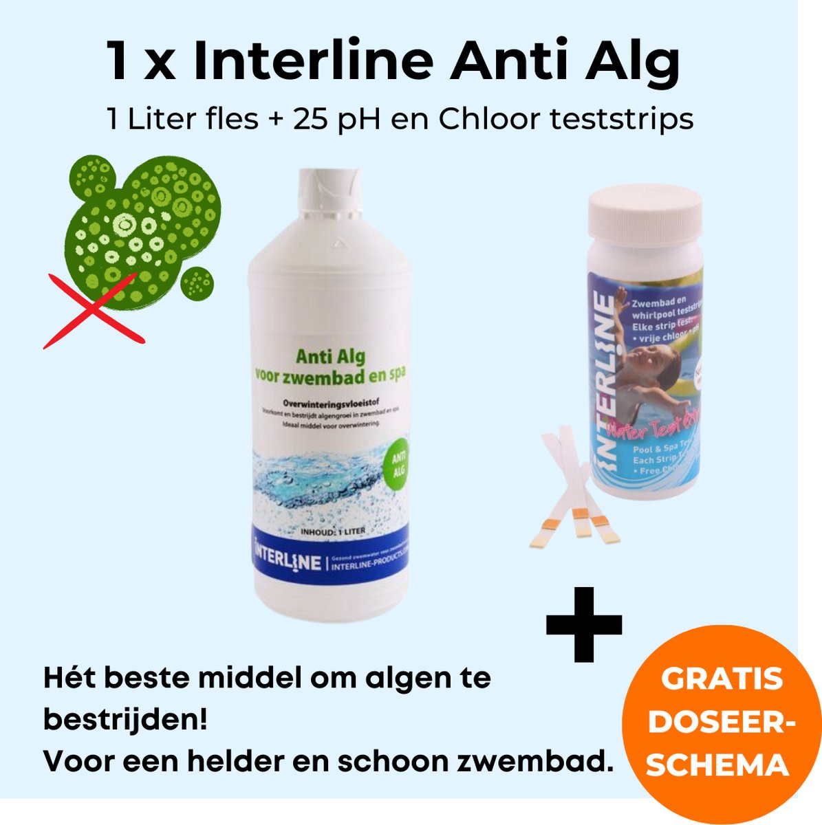   Anti Alg 1 liter - Inclusief 25 pH & Chloor teststrips - Anti Alg voor zwembad - Algenbestrijding - Inclusief Anti Alg doseerschema