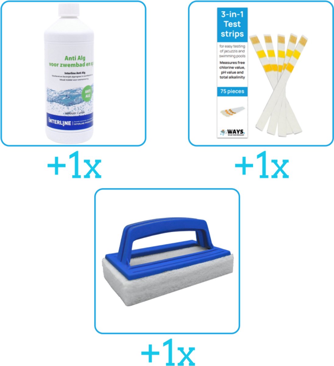 Zwembad Onderhoudsbundel - Zwembad Onderhoud Starterspakket bevat Anti Alg - Testrips en Scrubborstel -   Zwembad Onderhoud Starterspakket - Anti-Alg - Ideaal voor Zwembaden (3-delig)