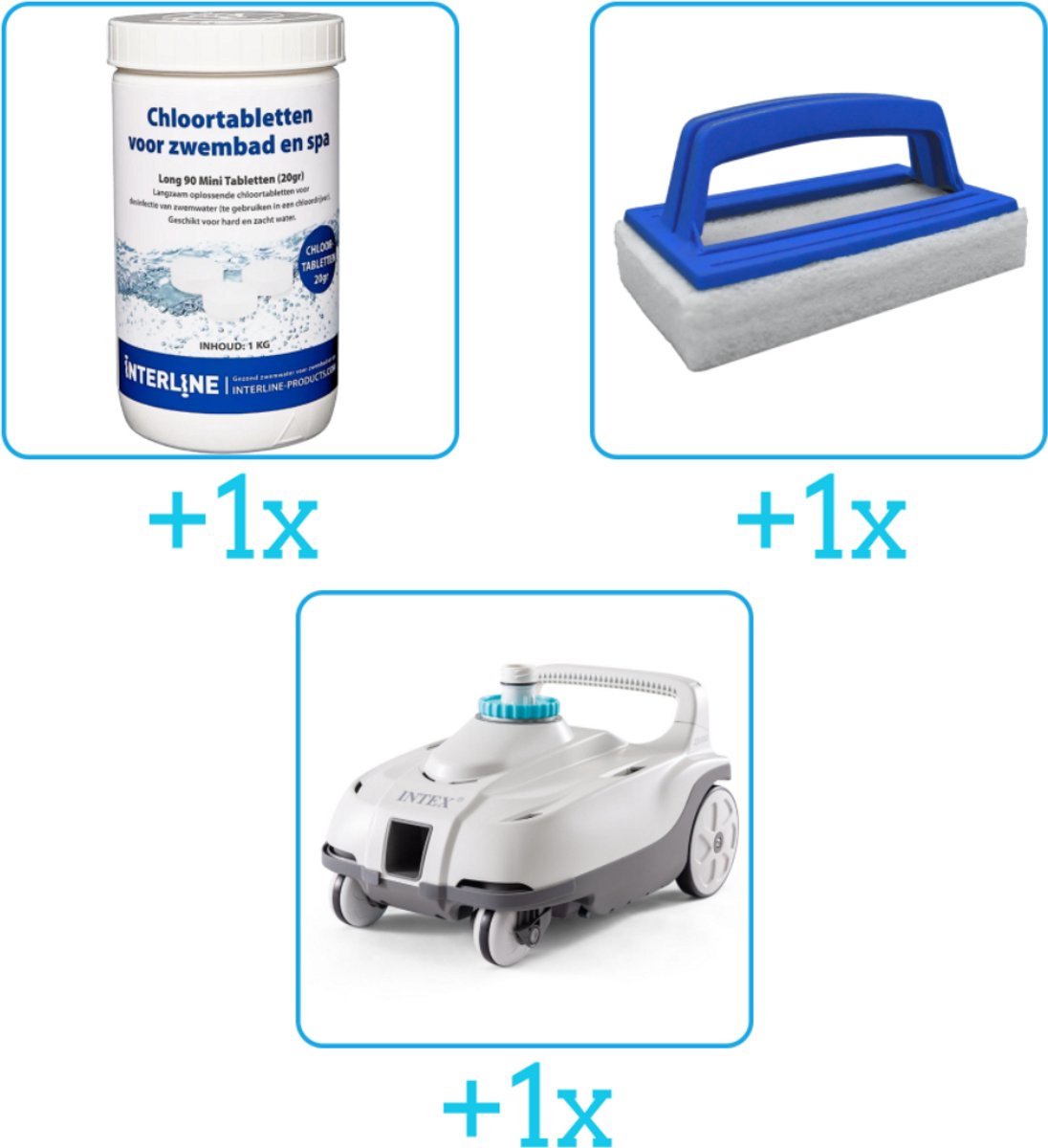Zwembad Onderhoudsbundel - Zwembad Onderhoud Starterspakket bevat Chloor - Scrubborstel en Stofzuiger -   Onderhoud Starterspakket- voor Opzetzwembaden - Voor middelgrote zwembaden van 2500 tot 25.000 liter (3-delig)