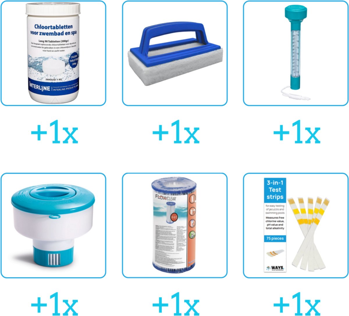 Zwembad Onderhoudsset - Startersset bevat Chloor - Scrubborstel - Thermometer en Chloordrijver - Filter - Testrips -   Onderhoud Starterspakket - Chloortabletten - Geschikt voor zwembaden met meer dan 25.000 liter (6-delig)