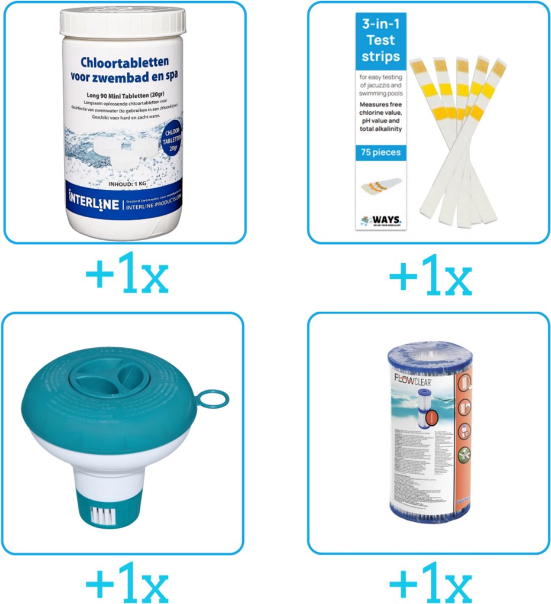 Zwembad Onderhoudsset - Startersset bevat Chloor - Testrips - Chloordrijver en Filter -   Onderhoud Starterspakket- voor Opzetzwembaden - Voor middelgrote zwembaden van 2500 tot 25.000 liter (4-delig)
