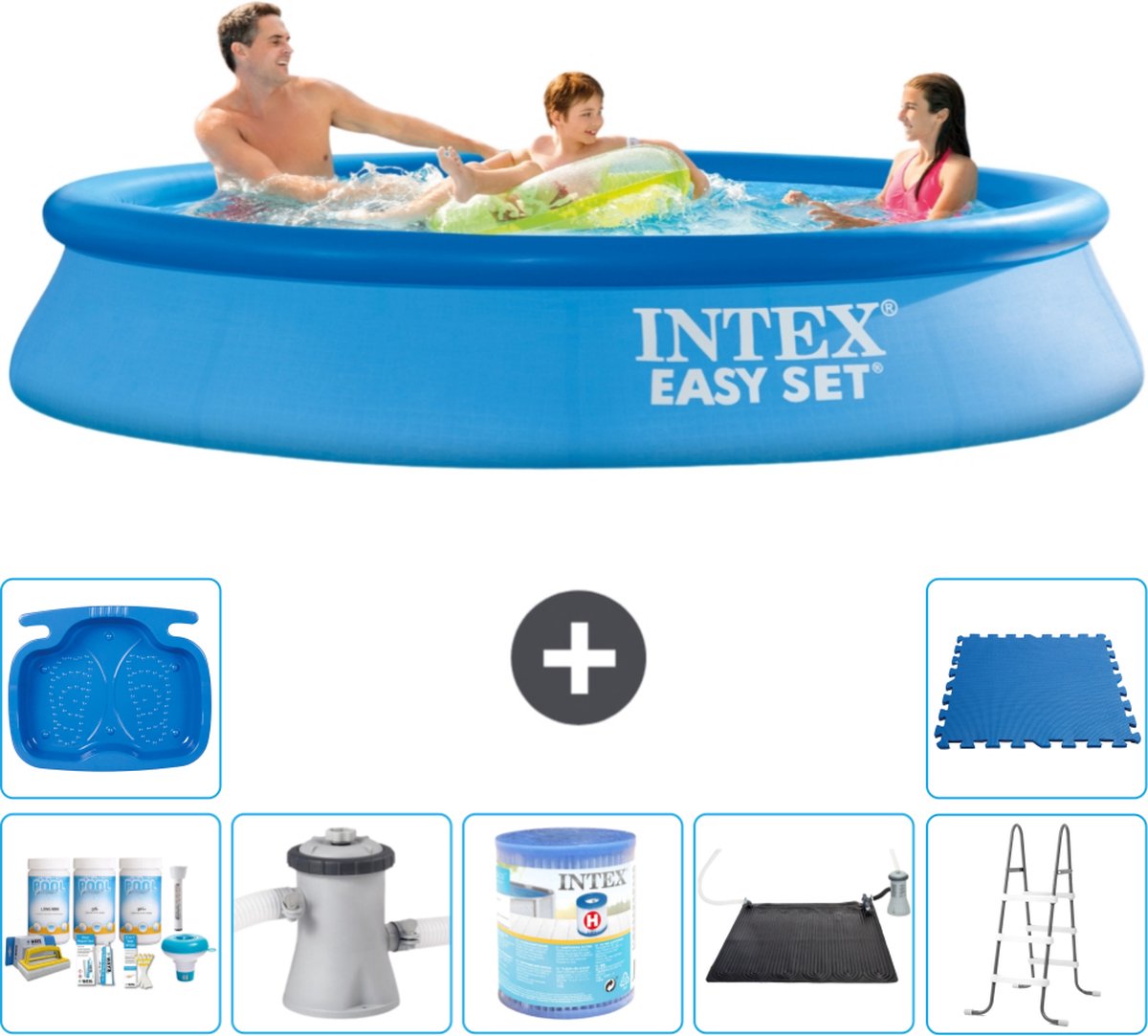 Intex Rond Opblaasbaar Easy Set Zwembad - 305 x 61 cm - Blauw - Inclusief Onderhoudspakket - Zwembadfilterpomp - Filter - Solar Mat - Ladder - Voetenbad - Vloertegels