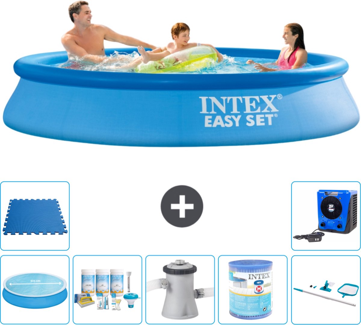 Intex Rond Opblaasbaar Easy Set Zwembad - 305 x 61 cm - Blauw - Inclusief Solarzeil - Onderhoudspakket - Zwembadfilterpomp - Filter - Schoonmaakset - Vloertegels - Warmtepomp