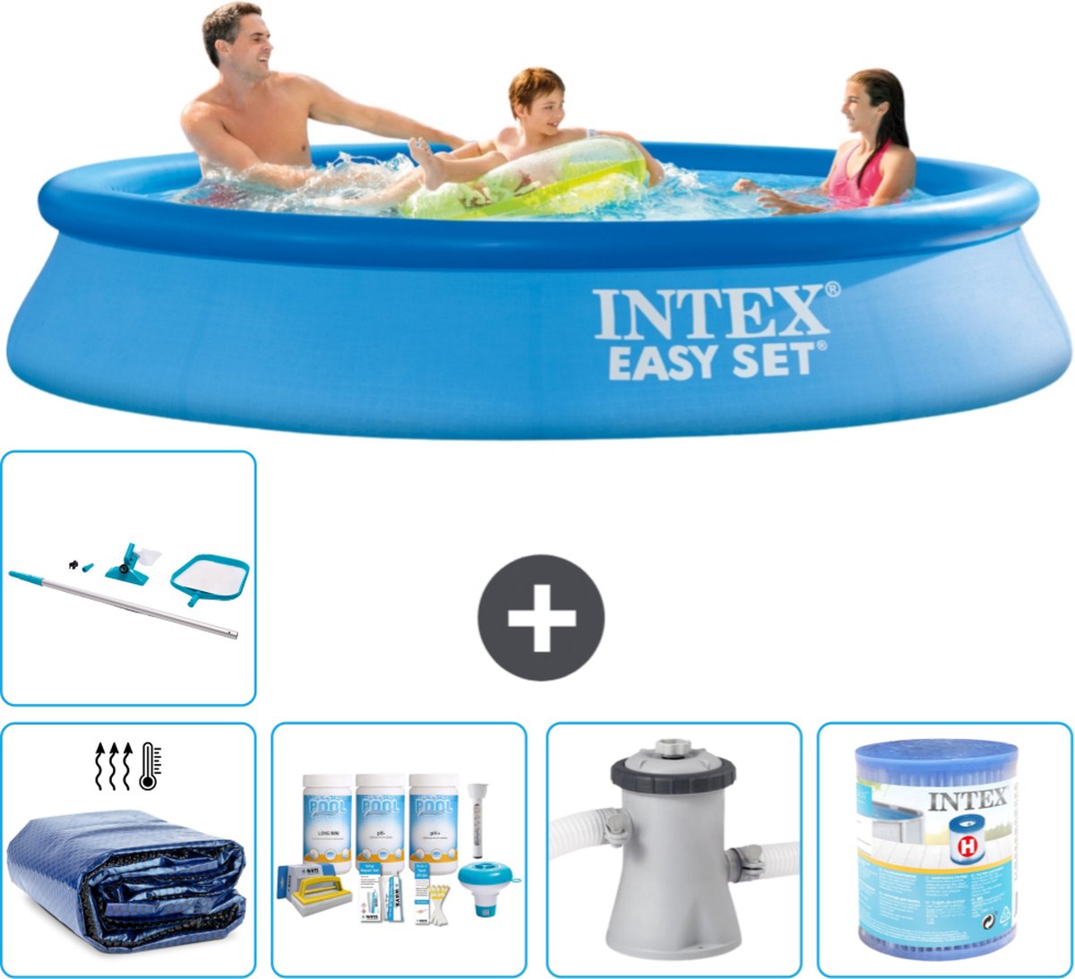 Intex Rond Opblaasbaar Easy Set Zwembad - 305 x 61 cm - Blauw - Inclusief Solarzeil - Onderhoudspakket - Zwembadfilterpomp - Filter - Schoonmaakset