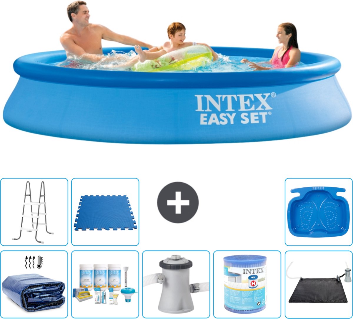 Intex Rond Opblaasbaar Easy Set Zwembad - 305 x 61 cm - Blauw - Inclusief Solarzeil - Onderhoudspakket - Zwembadfilterpomp - Filter - Solar Mat - Ladder - Voetenbad - Vloertegels