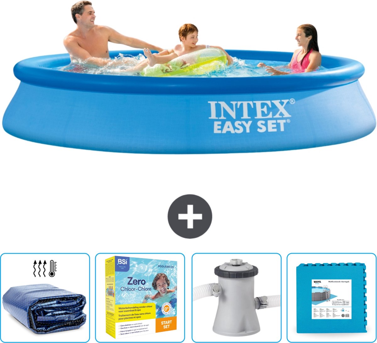 Intex Rond Opblaasbaar Easy Set Zwembad - 305 x 61 cm - Blauw - Inclusief Solarzeil - Onderhoudspakket - Zwembadfilterpomp - Vloertegels