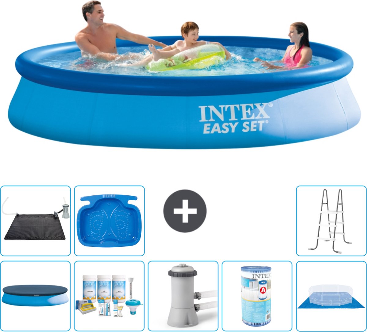 Intex Rond Opblaasbaar Easy Set Zwembad - 366 x 76 cm - Blauw - Inclusief Afdekzeil - Onderhoudspakket - Zwembadfilterpomp - Filter - Grondzeil - Solar Mat - Ladder - Voetenbad