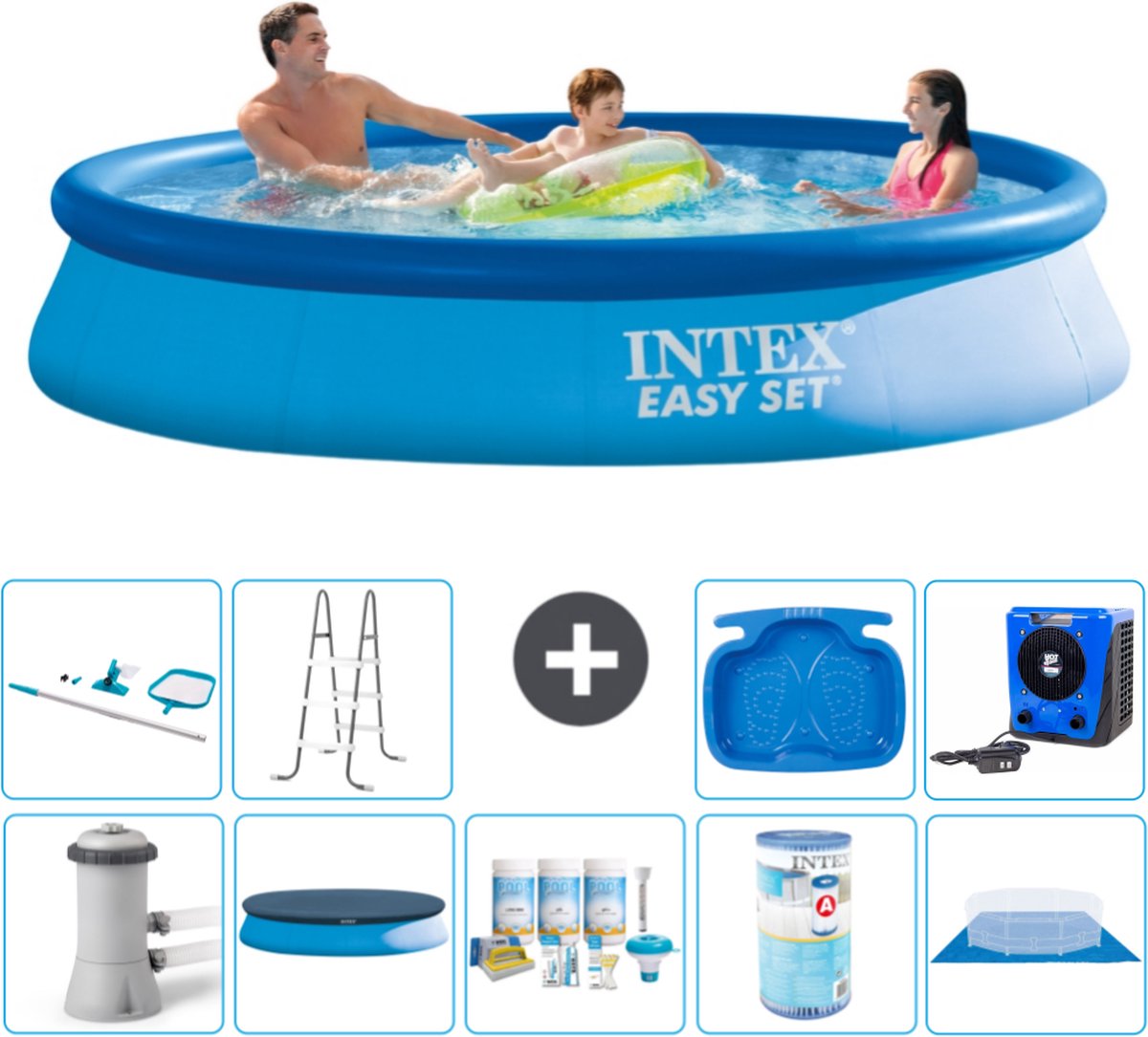 Intex Rond Opblaasbaar Easy Set Zwembad - 366 x 76 cm - Blauw - Inclusief Pomp Afdekzeil - Onderhoudspakket - Filter - Grondzeil - Schoonmaakset - Ladder - Voetenbad - Warmtepomp