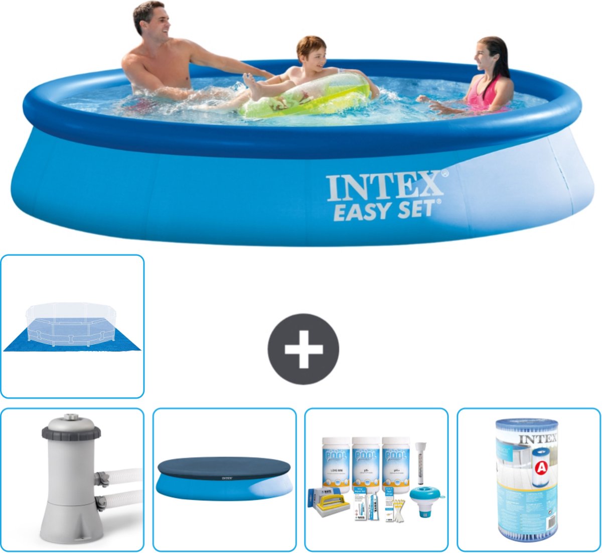 Intex Rond Opblaasbaar Easy Set Zwembad - 366 x 76 cm - Blauw - Inclusief Pomp Afdekzeil - Onderhoudspakket - Filter - Grondzeil - Warmtepomp