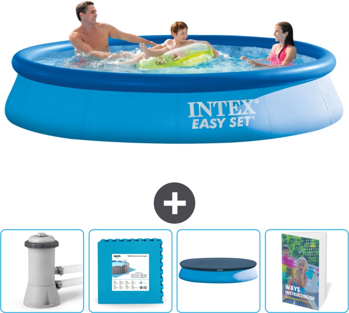 Intex Rond Opblaasbaar Easy Set Zwembad - 366 x 76 cm - Blauw - Inclusief Pomp Vloertegels - Afdekzeil - Zwembadgids