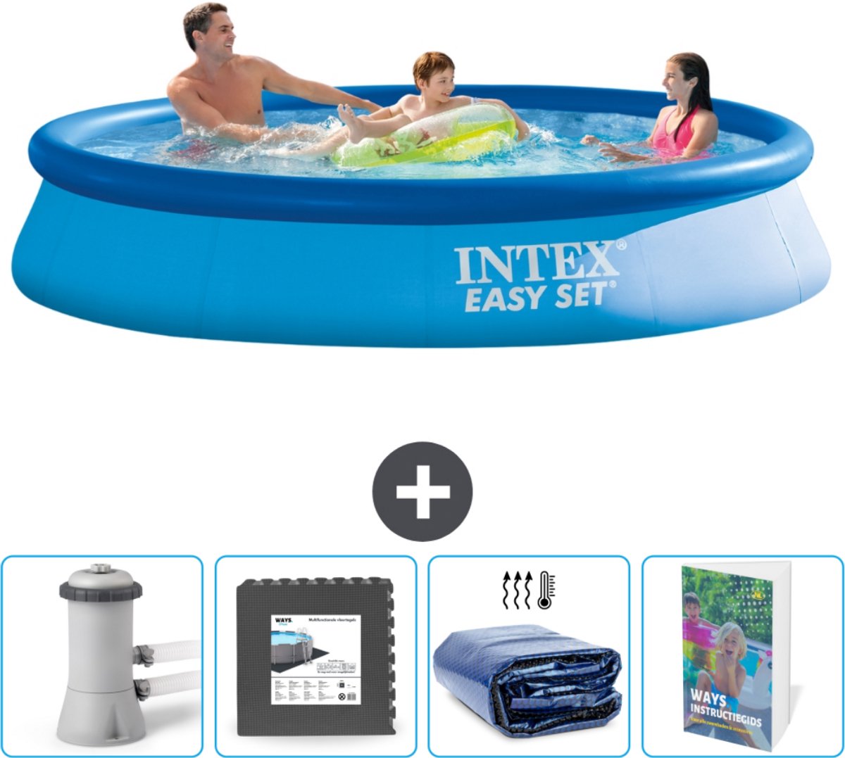 Intex Rond Opblaasbaar Easy Set Zwembad - 366 x 76 cm - Blauw - Inclusief Pomp Vloertegels - Solarzeil - Zwembadgids