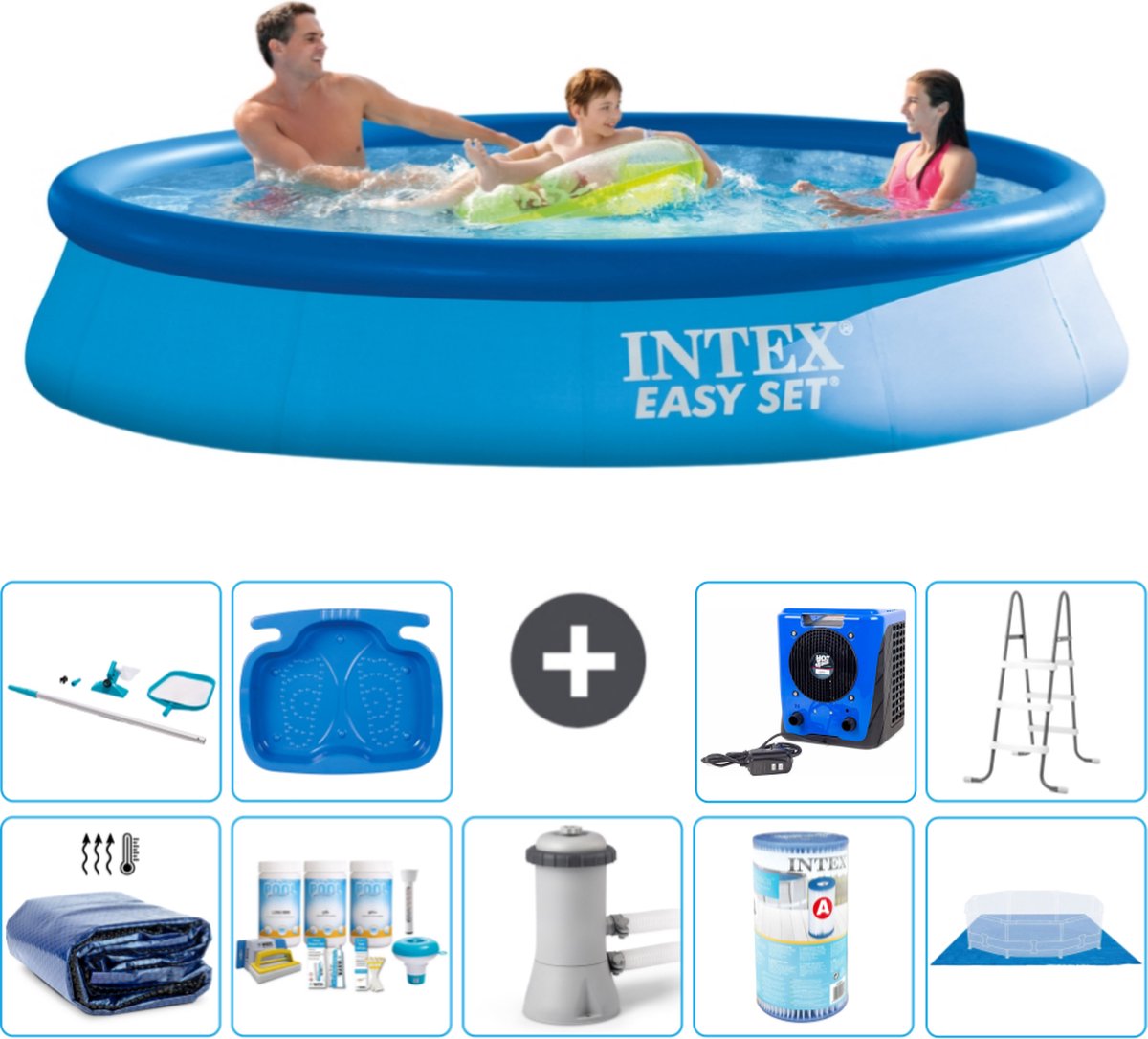 Intex Rond Opblaasbaar Easy Set Zwembad - 366 x 76 cm - Blauw - Inclusief Solarzeil - Onderhoudspakket - Zwembadfilterpomp - Filter - Grondzeil - Schoonmaakset - Ladder - Voetenbad - Warmtepomp