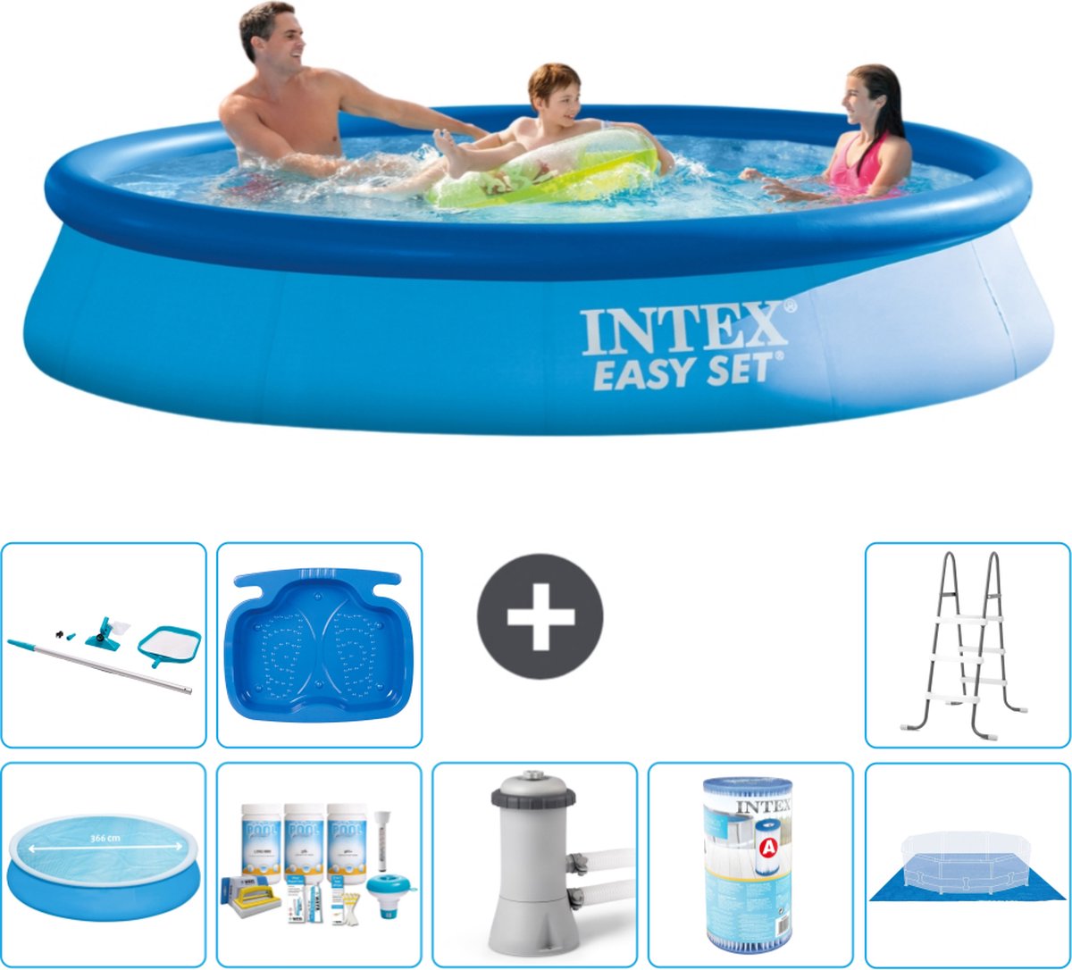 Intex Rond Opblaasbaar Easy Set Zwembad - 366 x 76 cm - Blauw - Inclusief Solarzeil - Onderhoudspakket - Zwembadfilterpomp - Filter - Grondzeil - Schoonmaakset - Ladder - Voetenbad