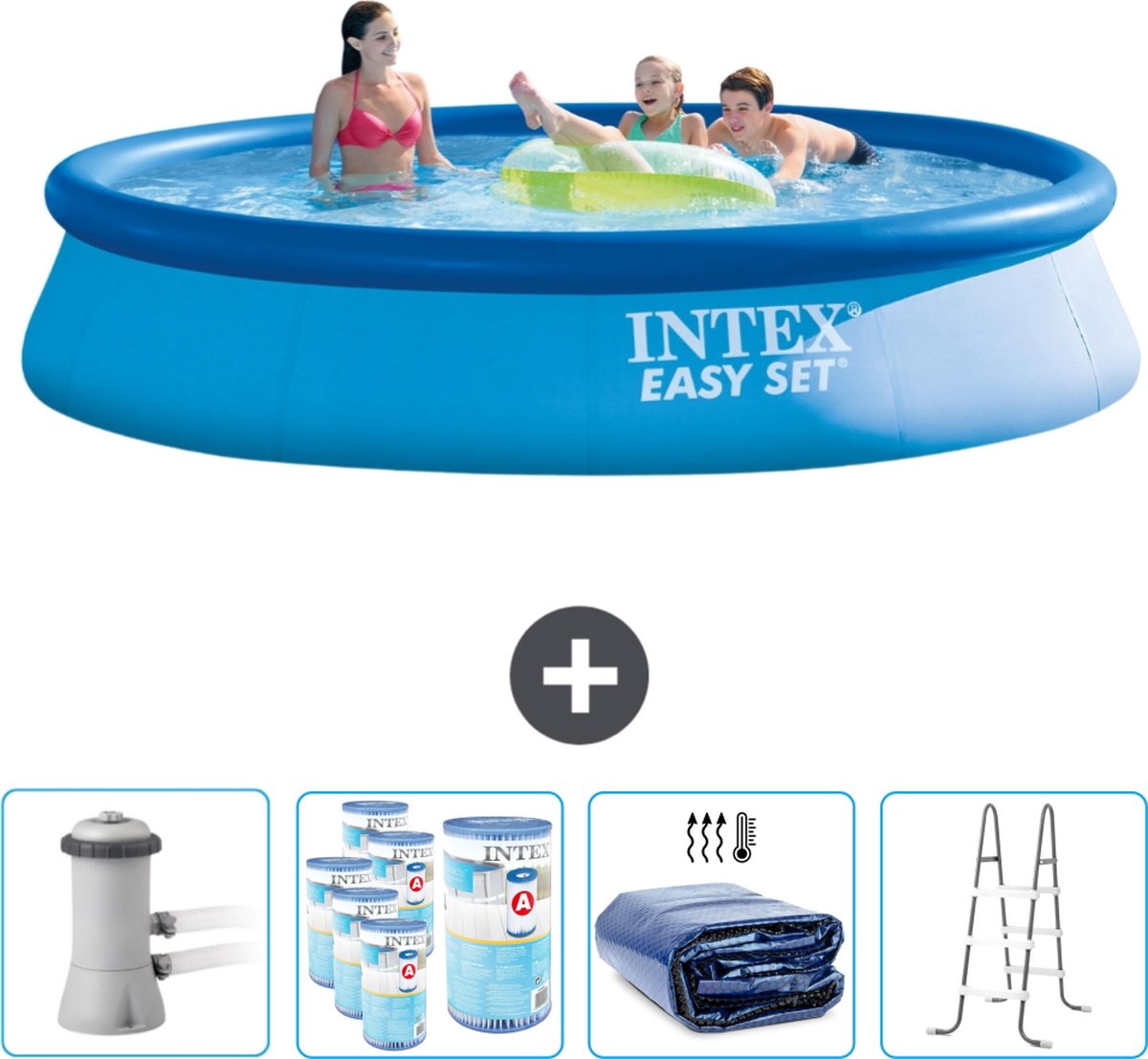 Intex Rond Opblaasbaar Easy Set Zwembad - 396 x 84 cm - Blauw - Inclusief Pomp Filters - Solarzeil - Ladder