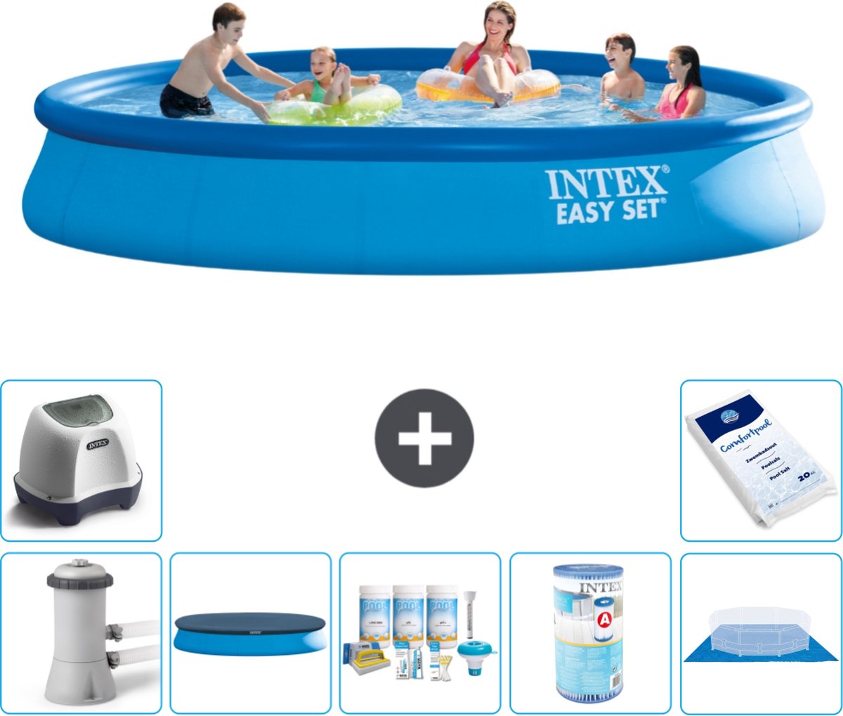 Intex Rond Opblaasbaar Easy Set Zwembad - 457 x 84 cm - Blauw - Inclusief Pomp Afdekzeil - Onderhoudspakket - Filter - Grondzeil - Zoutwatersysteem - Zwembadzout