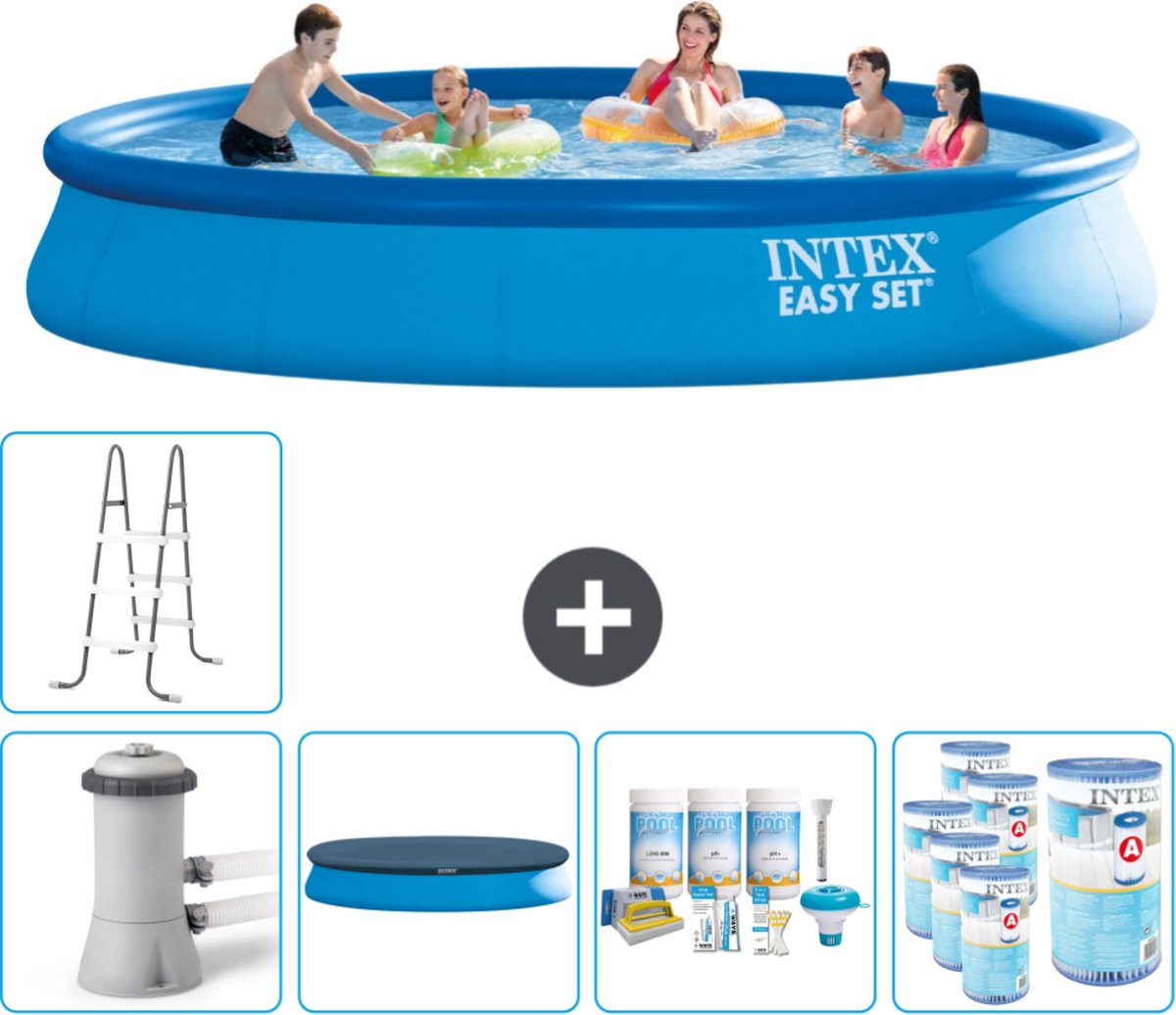 Intex Rond Opblaasbaar Easy Set Zwembad - 457 x 84 cm - Blauw - Inclusief Pomp Afdekzeil - Onderhoudspakket - Filters - Ladder