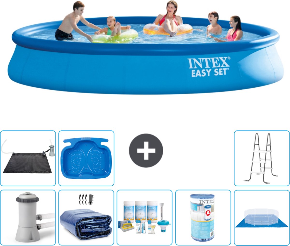 Intex Rond Opblaasbaar Easy Set Zwembad - 457 x 84 cm - Blauw - Inclusief Pomp Solarzeil - Onderhoudspakket - Filter - Grondzeil - Solar Mat - Ladder - Voetenbad