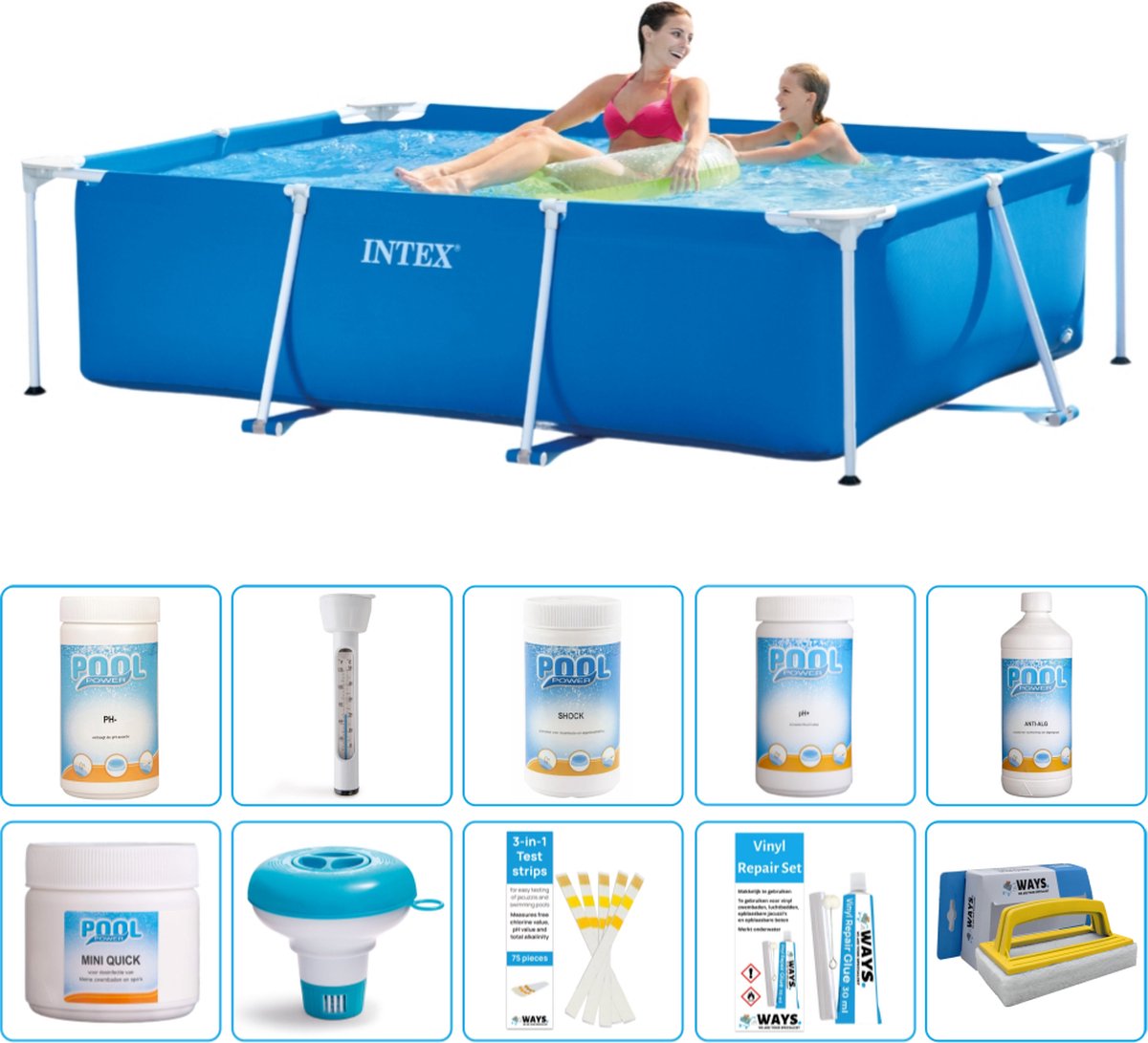 Intex Rechthoekig Frame Zwembad - 220 x 150 x 60 cm - Blauw - Inclusief Chloor - Chloordrijver - Testrips - Reparatiesetje - Scrubborstel - PH-waarde - PH-waarde - Thermometer - Algen - Chloor