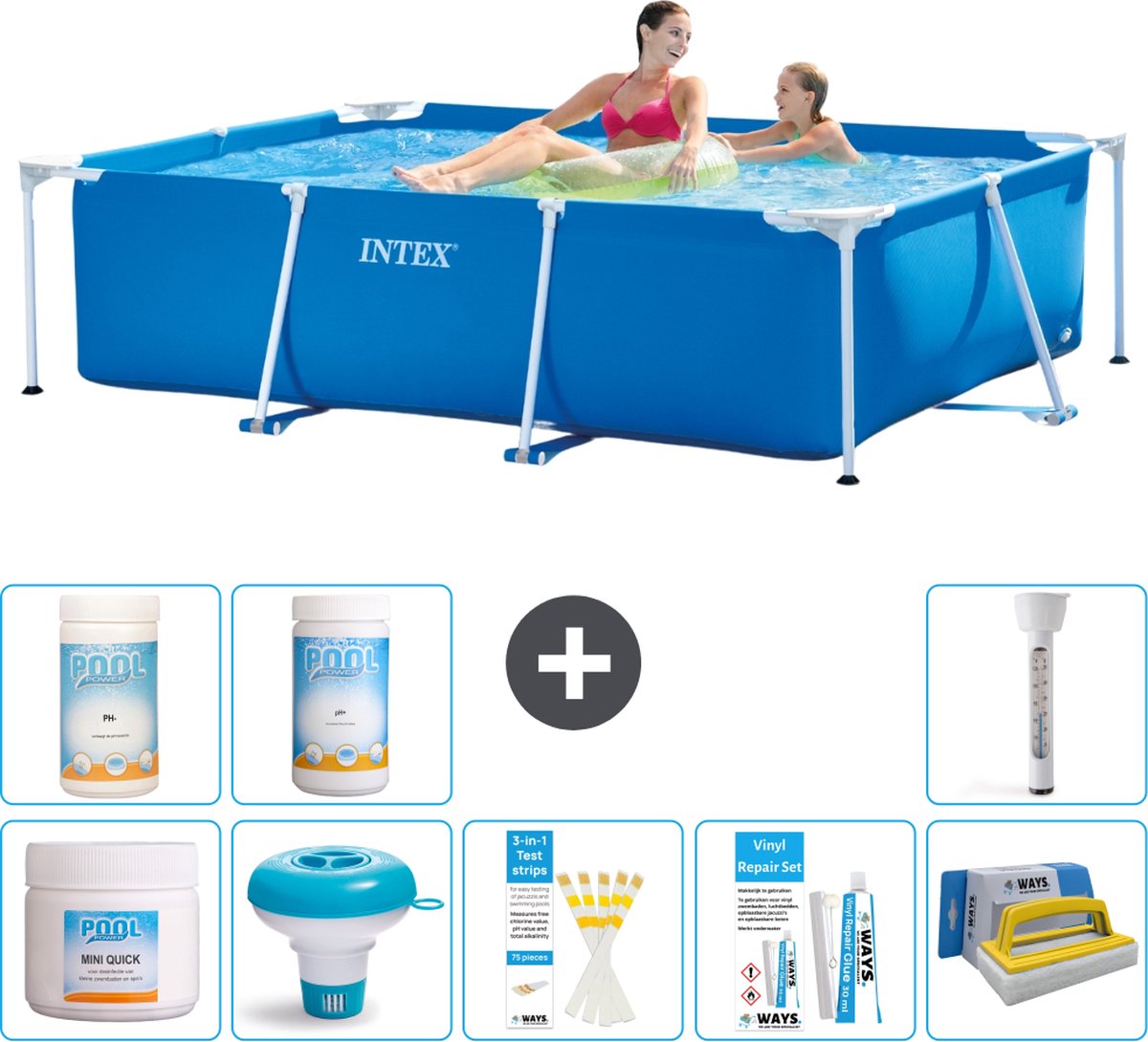Intex Rechthoekig Frame Zwembad - 220 x 150 x 60 cm - Blauw - Inclusief Chloor - Chloordrijver - Testrips - Reparatiesetje - Scrubborstel - PH-waarde - PH-waarde - Thermometer
