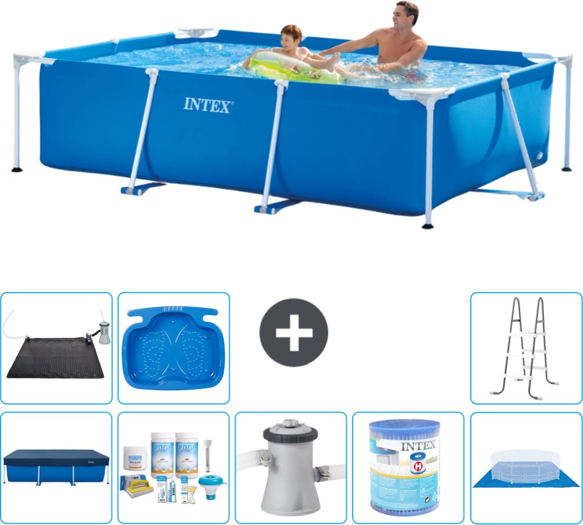 Intex Rechthoekig Frame Zwembad - 260 x 160 x 65 cm - Blauw - Inclusief Afdekzeil - Onderhoudspakket - Zwembadfilterpomp - Filter - Grondzeil - Solar Mat - Ladder - Voetenbad