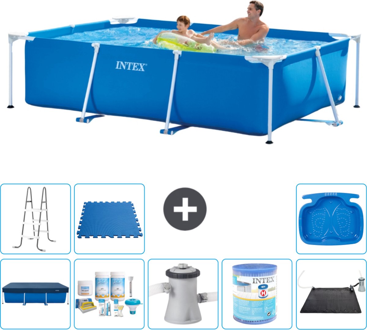 Intex Rechthoekig Frame Zwembad - 260 x 160 x 65 cm - Blauw - Inclusief Afdekzeil - Onderhoudspakket - Zwembadfilterpomp - Filter - Solar Mat - Ladder - Voetenbad - Vloertegels