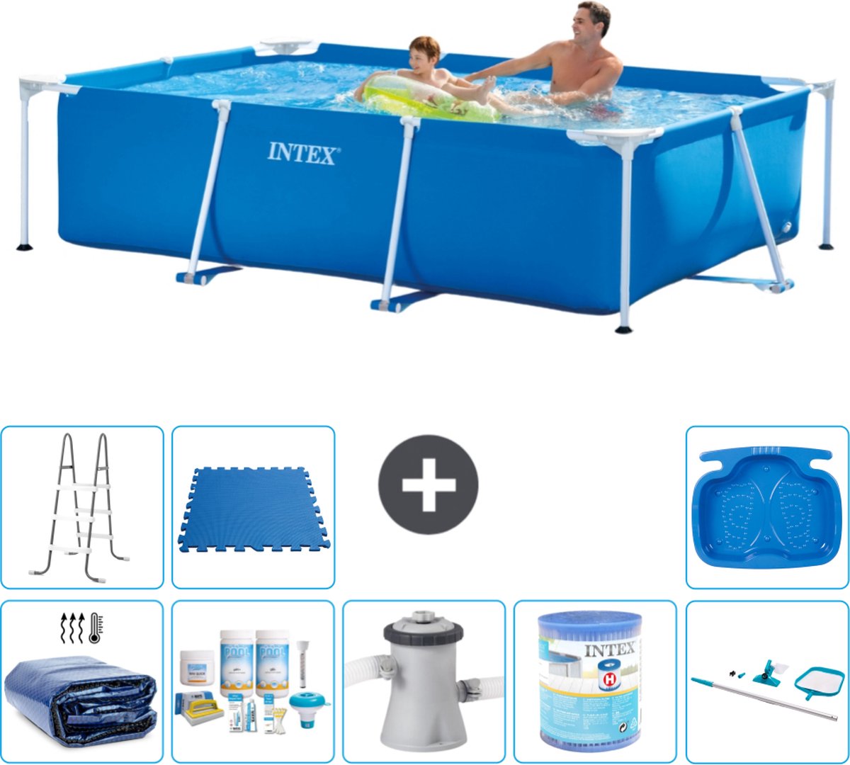 Intex Rechthoekig Frame Zwembad - 260 x 160 x 65 cm - Blauw - Inclusief Solarzeil - Onderhoudspakket - Zwembadfilterpomp - Filter - Schoonmaakset - Ladder - Voetenbad - Vloertegels