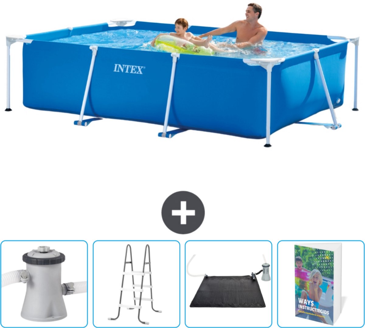 Intex Rechthoekig Frame Zwembad - 260 x 160 x 65 cm - Blauw - Inclusief Zwembadfilterpomp - Ladder - Solar Mat - Zwembadgids