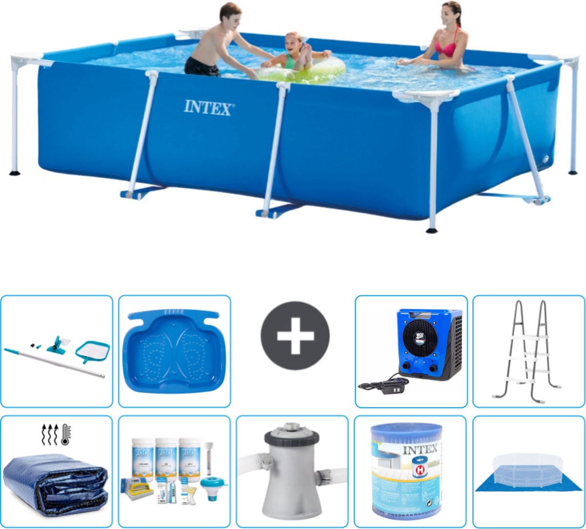 Intex Rechthoekig Frame Zwembad - 300 x 200 x 75 cm - Blauw - Inclusief Solarzeil - Onderhoudspakket - Zwembadfilterpomp - Filter - Grondzeil - Schoonmaakset - Ladder - Voetenbad - Warmtepomp